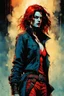 Placeholder: create a dangerously sinister full body portrait illustration of an auburn haired, ragged Brujah female vampire , with highly detailed and deeply cut facial features, in the comic art style of FRANK MILLER and BILL SIENKIEWICZ, searing lines and forceful strokes, precisely drawn, boldly inked, with gritty textures, vibrant colors, dramatic otherworldly lighting