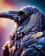 Placeholder: a mesmerizing and vibrant cinematic photograph of a raven in an extreme close-up, positioned in a-profile, showcasing its mysterious demeanor, with some scars on its plumage, slightly ruffled grey feathers underneath, and one of its feathers adorned with an elegant golden detail, as if kissed by sunlight, set against a soft, gradient background that shifts from deep blues to purples, evoking an enchanting atmosphere, with a subtle, cinematic film grain texture, imbuing the image with a sense of