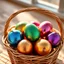 Placeholder: digital photograph — off-center modern wicker basket holds Easter eggs in vibrant azure, emerald, blush, crimson, gold, sapphire, and metallic tones. Each egg's glossy surface reflects intricate dimpled textures under dramatic cinematic HDR backlighting, emphasizing subtle sheen contrasts. Shallow depth of field softens sunlit background in hyperrealistic 8k clarity.