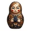 Placeholder: draw matryoshka dolls, the matryoshka is smiling, the kind sweet face of the matryoshka doll, behind the matryoshka Russian patterns in the style of Khokhloma, Khokhloma with gold and black flowers, in the hands of matryoshka blueberries