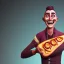 Placeholder: horror smiling pizza delivery man, holding pizza box, 3d horror game style