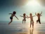 Placeholder: children jumping in water on a beach capture them against the sun and make an art silhouette, hyper details, real sharp, 8k, well detailed, cinematic 8k