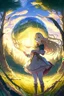 Placeholder: Anime, blonde girl in medieval clothing in large field in the middle of the forest with a globe of light next to her