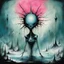 Placeholder: Scary stories of the infinite interview, intimidating magister, Joan Miro and Stephen Gammell and Yves Tanguy deliver a sinister surreal masterpiece, icy hues, dark_cyan and pink color scheme, sinister, creepy, expansive, sharp focus, dark shines, asymmetric, abstract