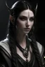 Placeholder: Young female high elf noble wizard with elf ears, dark black eyes and very pale skin long jet black hair with some with braids, photo realisim fantasy dungeon and dragons