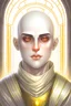 Placeholder: full color portrait drawing, fantasy setting, 22-year old female human cleric, shaved head, light eyebrows, grey eyes, background library