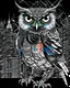 Placeholder: Owlman linear image, black and white color fondo ciudad