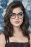 Placeholder: 1980's yearbook photo, Lucy Hale, 1980's clothing and hair styles, 4k UHD, photorealistic, ((big, full, plump, pouty lips:1.5)) black hair, big cat-eye eyeglasses, dark blue foggy gradated marble wall background - Lucy Hale is so hot it makes me all warm and fuzzy just looking at her face