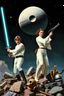 Placeholder: stars nebula and the Death Star large at top, in front in poses from the original star wars posters is Luke Skywalker with lightsaber and Princess Leia Organa with upward pointing raygun both in white clothing atop crumbling stone and broken parts of c-3po astromech and other droids