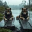 Placeholder: facing to the camera two anthropomorphic human-wolf hybrids in body hair lie exhausted and wet on their stomachs belt on their waist on two wooden boards next to a deep river, on the opposite bank in the distance, hour-long, thick-trunk trees are faintly visible, grass, mud, rain, high realistic, detailed, cinematic, sci-fi, digital art, dark fantasy mood