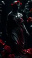 Placeholder: The statue of Justice, dripping with blood, wears a red blindfold. She carries a scale full of blood-red flowers, and poppies grow from underneath her and climb up the statue. Dark garden background. Dark garden background cinematic.