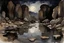 Placeholder: Night, rocks, puddle, gothic horror movies influence, puddle, mountains, epic, john singer sargent watercolor paintings