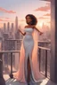 Placeholder: The scene opens onto a serene balcony overlooking a bustling city skyline. The sky above is painted in soft hues of gray and peach as the sun begins its descent, casting a warm glow over everything it touches. In the foreground stands a captivating figure, airbrush chibi cartoon curvy black woman exuding confidence and elegance. She is adorned in a flowing white knit maxi dress that hugs her curves in all the right places, accentuating her silhouette. Her choice of footwear is equally stunning