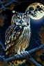 Placeholder: a horned Owl sitting on branch in oak tree with full moon behind it