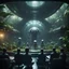 Placeholder: a video conference on video screen with multiple sick aliens held by a scientist in dark lit reflective wet jungle metallic hall dome hotel tunnel, in the style of a fallout 4,bokeh like f/0.8, tilt-shift lens 8k, high detail, smooth render, down-light, unreal engine, prize winning