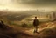 Placeholder: a man, looking straight ahead, with the city behind him, on land out of the city, dirt terrain and low vegetation realism, photography of reality, real, 16K, warm light