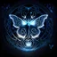 Placeholder: A white glowing butterfly flies in front of Celtic moon crest, night, dark blue glowing light, fantasy, magic, dark, stars, sparkle