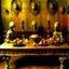 Placeholder: Rococo. Apples. Pears. Grapes. Dishes. Oranges. Wood table.