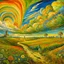 Placeholder: collaboration between Salvador Dali, Vincent Van Gogh, and Jean Baptiste Monge. Swirling rainbow storm clouds over a vast field of long grass and plentiful flowers swaying in the winds.