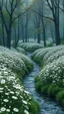 Placeholder: Bosch painting style nightmare , 3D , a big fields of white flowers and river stream trees in the background, high Quality picture , 8k