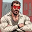 Placeholder: a young man with big muscles who looks like hans gruber wearing a turtleneck and red sunglasses staring with an angry look on his face