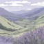 Placeholder: Lavender meadow three quarters up a mountain, comic in the style of fiona staples