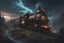 Placeholder: grim dark moody cold fantasy landscape with a steampunk lightning electric modern passenger train traveling through it