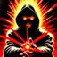 Placeholder: 90's TCG art retro fantasy art of a hooded figure blasting red light beams out of hands