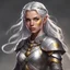 Placeholder: Generate a dungeons and dragons character; a female fighter aasimar . She has silver hair in a braid and golden eyes with freckles . she is wearing chain mail and has a long sword, show fully body