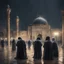 Placeholder: Hyper Realistic people praying outside Al-Aqsa mosque at dark rainy night