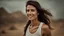 Placeholder: beautiful slender caucasian female technician, black tank top, dirty face, gritted teeth, well toned muscles, weathered face, scratched sand camo metal details, short brunette wavy bob haircut, dystopian, desert scene with smoke and explosions,