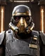 Placeholder: star wars bald male corellian pilot wearing pearlescent black and gunmetal grey First Order special forces heavy assault stealth commando armor and helmet with gold trim inside the jedi temple, hyperdetailed, dynamic lighting, hyperdetailed background, 8k resolution, volumetric lighting, light skin, fully symmetric details