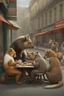 Placeholder: Wild animals eating at tables in a cafe street scene