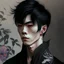 Placeholder: korean young man with tattoos on neck and arms, soft face, cold eyes, black fringe, black kimono, fantasy