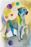 Placeholder: abstract watercolour of a Labrador dog in the style of paul klee with circles of colour and sketchy thin inky lines