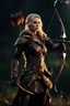 Placeholder: blonde female hunter with a bow and arrow wearing leather half armour dark fantasy Realistic 4k