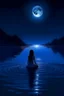 Placeholder: girl from the river, by night, moon in the sky, blue light from the water, diamond in her front,