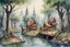 Placeholder: fantasy watercolor painting of an elf village at the edge of a dark forest along one side of the bank of a huge river. with round buildings embedded in tree trunks. small dock along the bank.