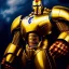 Placeholder: fullbody portrait in oil on canvas of Ultron Villain with Big Golden Hulkbuster armor, intense stare, masterpiece, realistic, intricate detail, sci-fi fantasy style, volumetric lighting, particles, highly detailed ,cinematic , deep colours, 8k, by Kaare Andrew and Robert E Howard and Ken Kelly