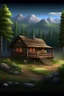 Placeholder: summertime dream cabin in the woods, mountains, trees, realistic