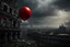 Placeholder: one red party balloon on sky over one little dark old city,, high realistic, storm, gloomy, surreal, ruins, professional photo, cinematic, utopistic