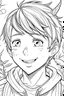 Placeholder: coloring pages for kids, cute boy portrait, close up, short hair, open lips and smile, a right earring, distan birds, anime style, thick lines, low detail, black and white, no shading, white background --ar 85:110