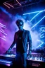 Placeholder: French cool synth player, he is called "Jean-Maurice Brûlée" performing at dance club, his name is "Jean-Maurice Brûlée" , white and blue Neon lights and smog, and "URANIUM" big sign on the wall, he is playing on synthesizers on stage with lot of laser beams and wearing black sunglasses