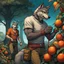 Placeholder: 3d in body hair anthropomorphic wolf-man hybrid wearing a casual t-shirt, pants, and an orange belt, he harvests with his paws large reddish spherical fruits from a dark green bush-like plant. Behind him stands an older anthropomorphic wolf-man hybrid in t-shirt, pants and dark-orange belt. He carries a hoe on his left shoulder. In the background, orange-red fruits grow on other dark green bush-like plants, visible in the distance trees with thick trunks , detailed, scifi, fantasy