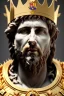 Placeholder: Ultra Realistic image, Roman sculpture, white marble material, Lionel Messi, gold crown of natural thorns, god crown, Renaissance style, sun rays background, waist up portrait, gold flecks, epic, celestial, cinematic lighting, God lights, 4k resolution, smooth details, soft lighting, unreal engine 5, art station, substance 3d.