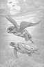 Placeholder: STRESS RELIEF themed coloring page for adult, cartoon style, thick outline, low details, no shading, no color, A serene underwater world with gliding sea turtles and coral