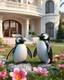 Placeholder: Generate image: Generate image: Generate image: A macro 3D render of a cute, lovely Penguins,made of Transparent rubber. is landing in yard of a luxury villa next to flowers ,subsurface scattering and gelatinous texture . High-quality CGI, octane render, 8k resolution, whimsical, adorable, clean composition. long shot ,4:3