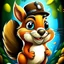 Placeholder: Cute squirrel. He is a delightful creature. Smiling. Imaginative and captivating our hearts with his vibrant beauty. He has big eyes that sparkle with kindness, innocence and joy. A wonderful cartoon character. He wears a black hat, jeans, and a white shirt. An isometric cartoon character. Emphasis and focus on the character. amazing . Nice and innocent. Delightful. Fantasy graffiti style focus and precision on character. A simple yellow background, and at the same time attractive and full of lo