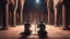 Placeholder: Hyper Realistic back-view of few-men-killing a man praying namaz with a sword inside a prehistoric-ancient-brick-mosque-with-ancient-islamic-architectural-patterns-crafted at night showing dramatic & cinematic ambiance