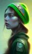 Placeholder: girl, cute, beautiful, long hair, wavy hair, green hair, blue eyes, green beanie, green coat, black tee shirt, head and shoulders portrait, 8k resolution concept art portrait by Greg Rutkowski, Artgerm, WLOP, Alphonse Mucha dynamic lighting hyperdetailed intricately detailed